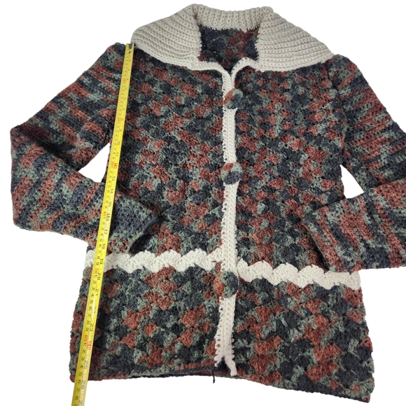 Handmade Vintage Crocheted Knit Cardigan Brown Green Granny Grandmacore XL - Picture 13 of 15